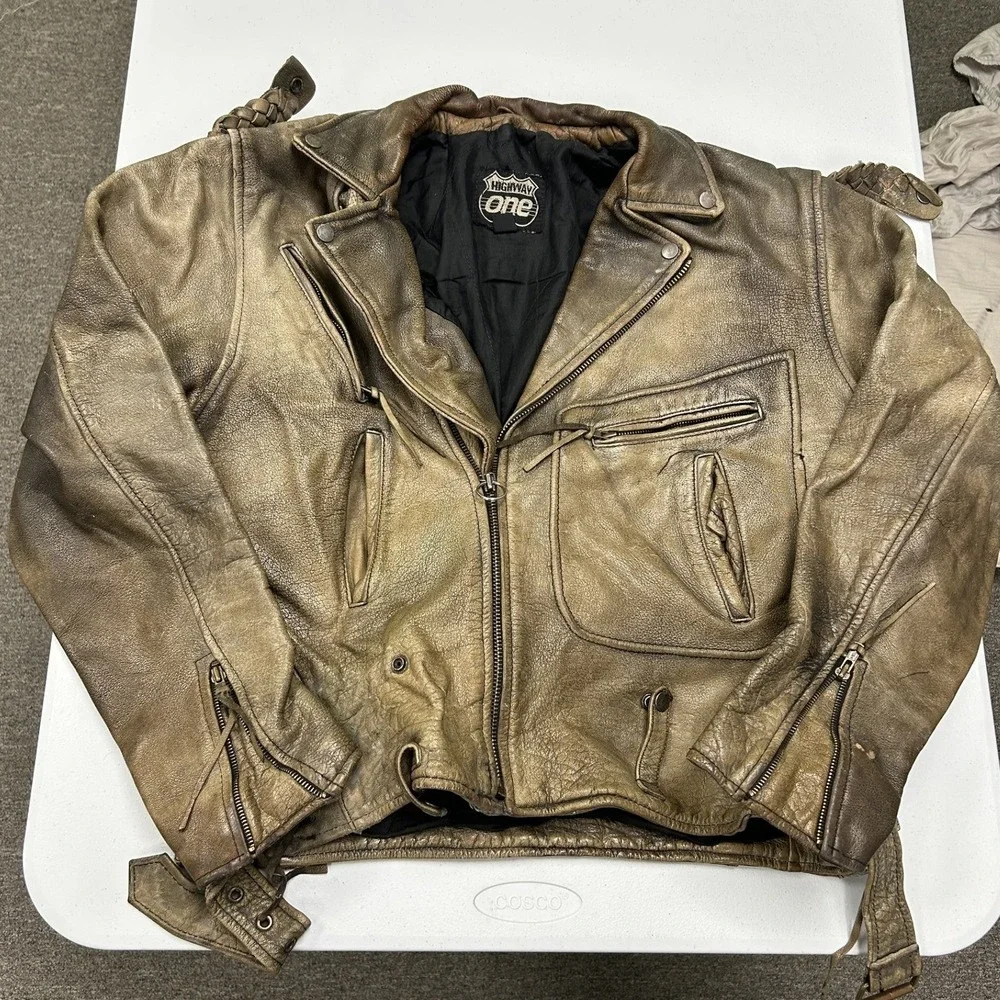 Highway One Motorcycle Jacket Mens XL Brown Fair Distressed Leather Biker Moto